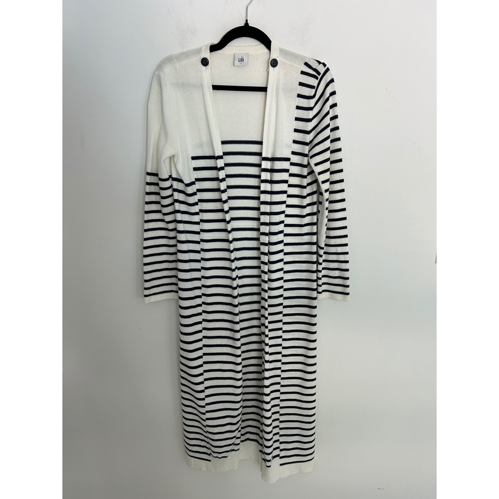 Cabi Longline Striped Cardigan Navy White Open Front Duster Womens Small